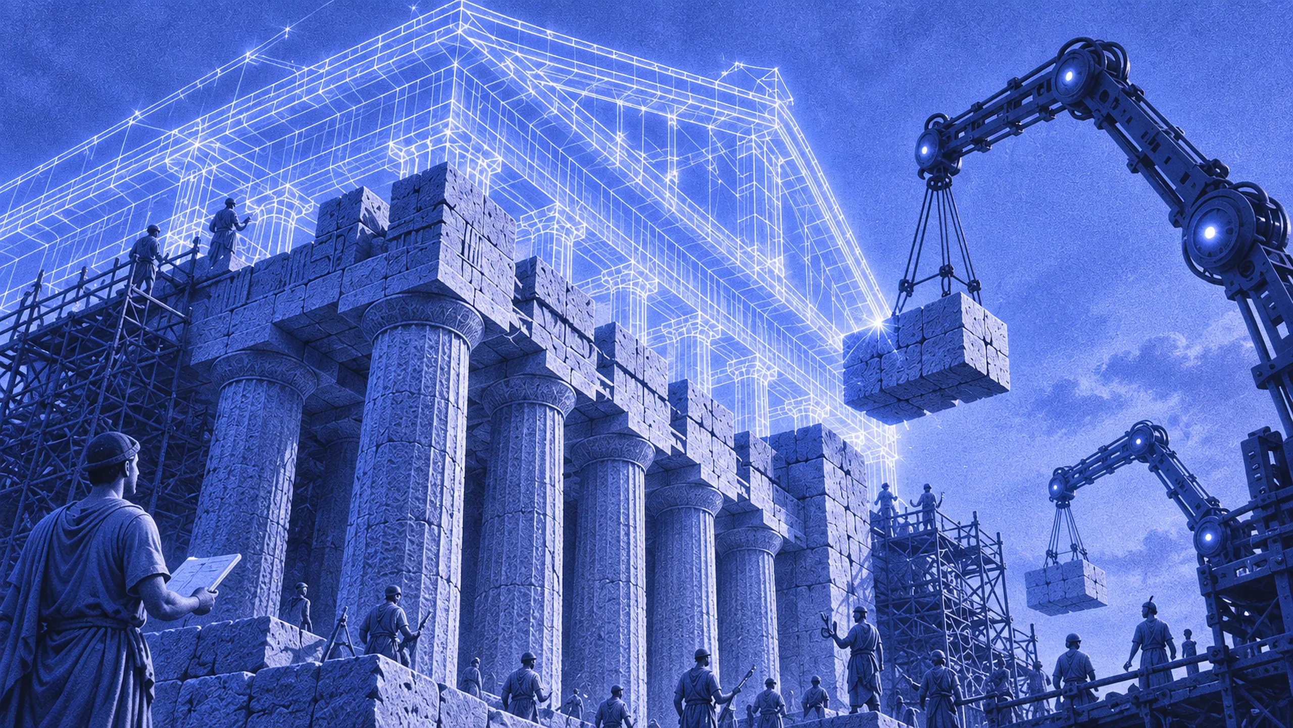 People and robotic cranes construct a Greek temple from stone and luminous technical plans.