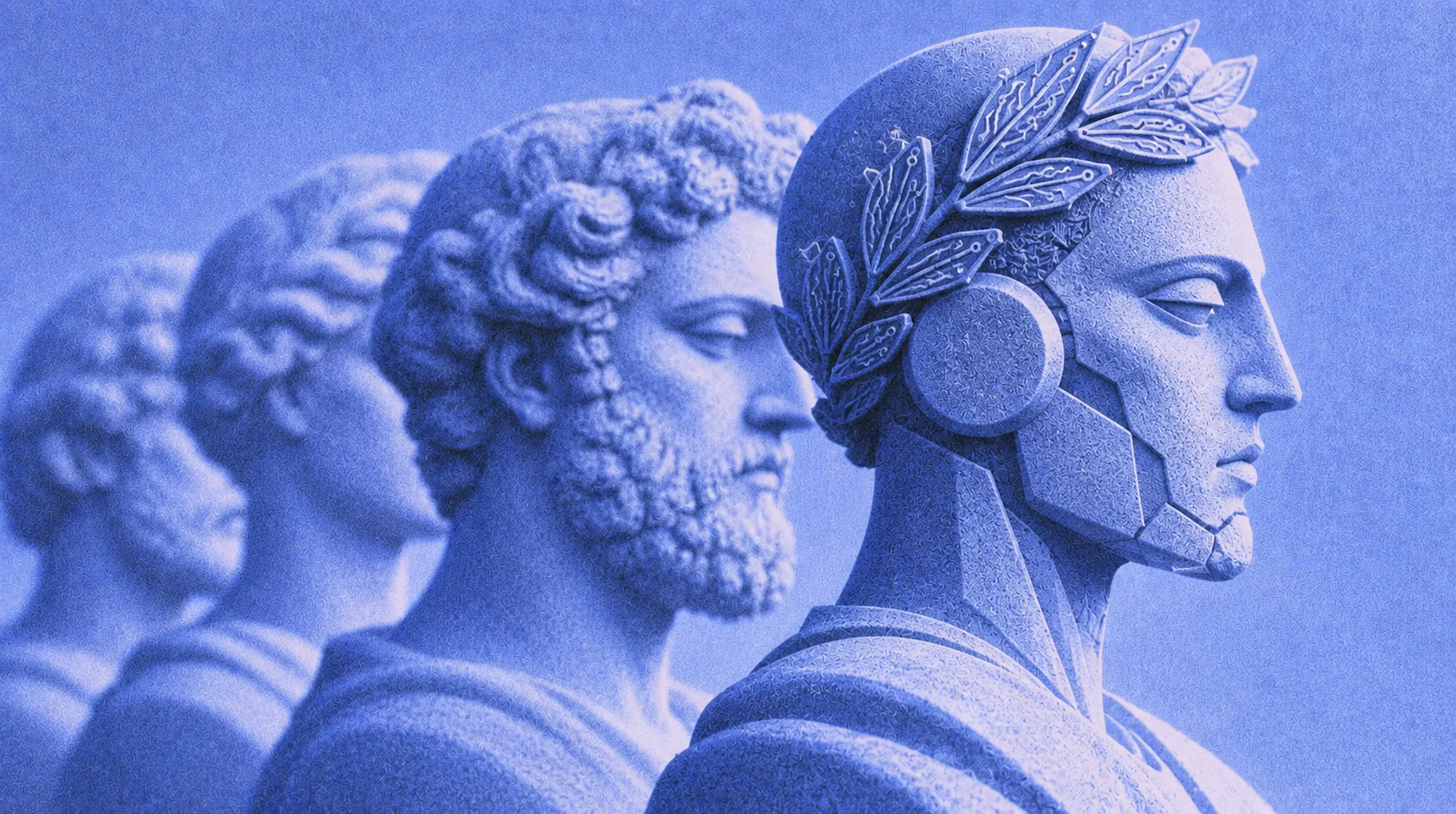 A line of marble busts, led by a machine wearing a laurel of circuitry.