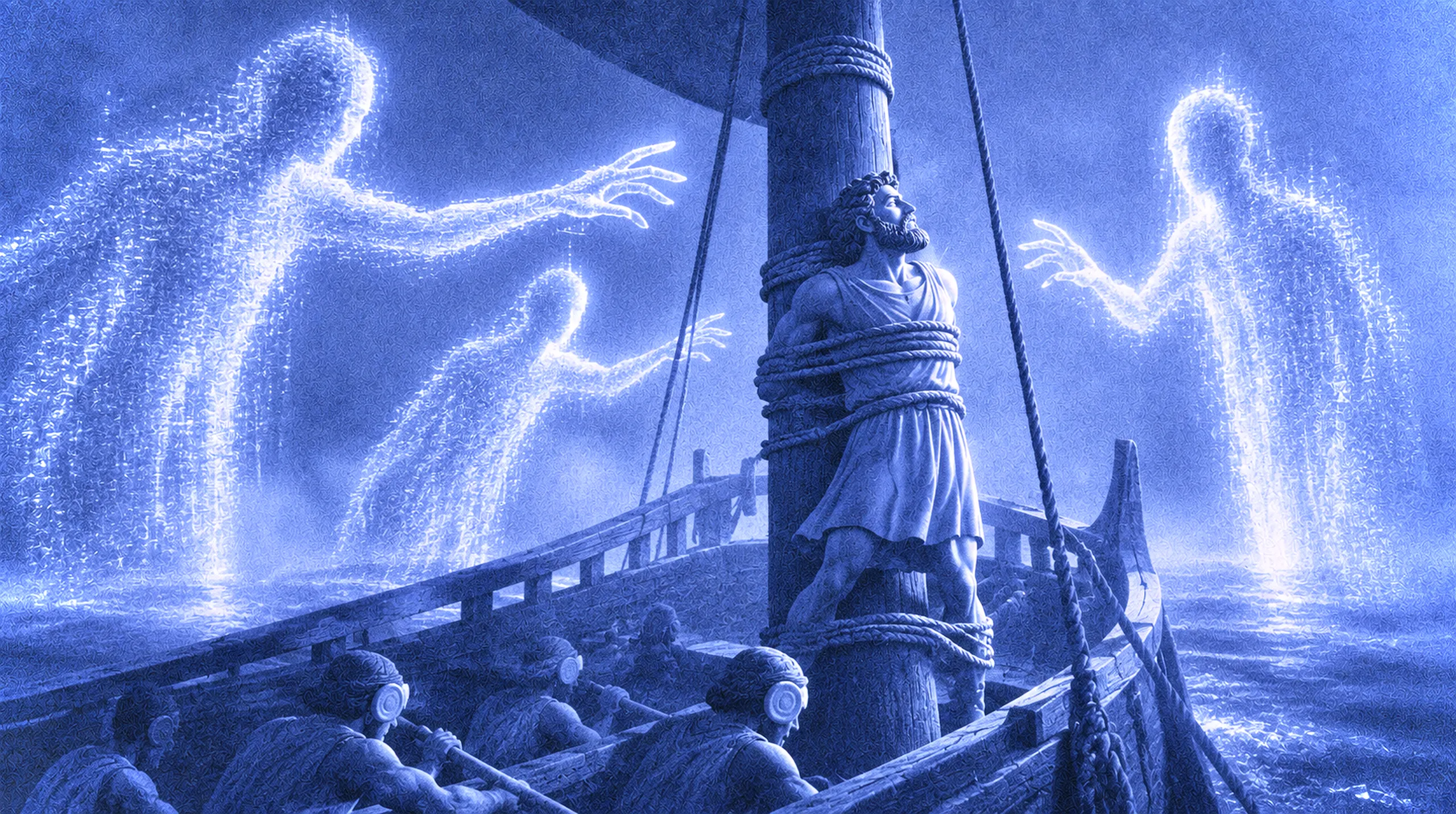 Odysseus bound to the mast of a ship while luminous sirens beckon across a dark sea.