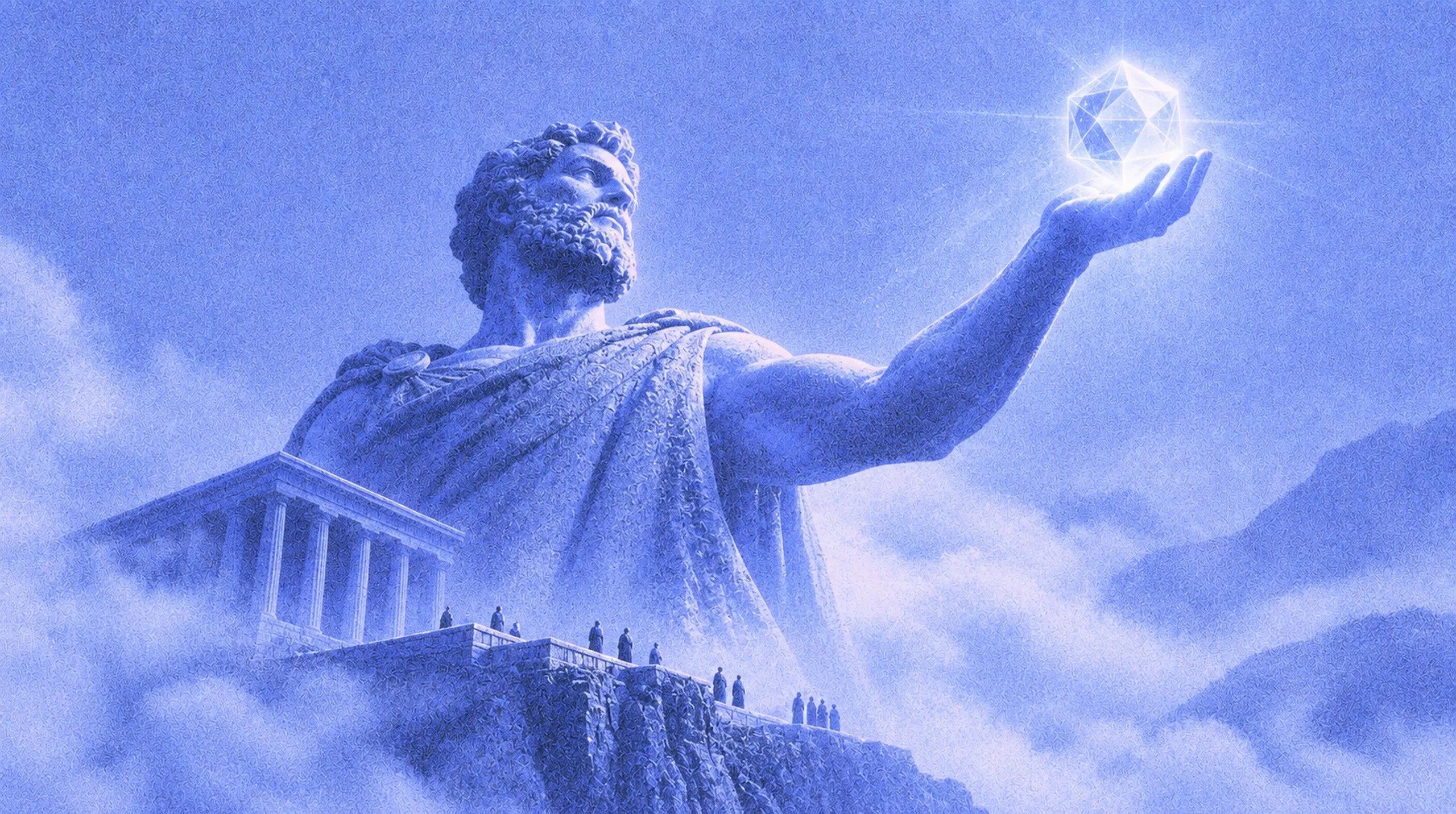 A colossal marble Zeus holding a radiant geometric form of light.